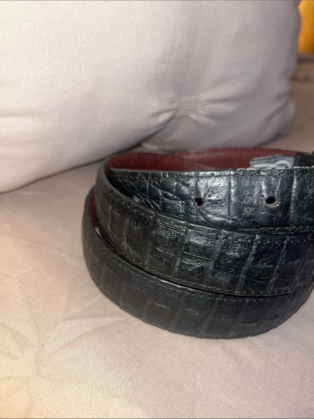 Brighton Black Croc-Embossed Leather Belt with Brass Oval Buckle